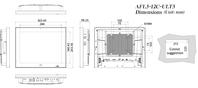 AFL3-12C-ULT3 panel pc dimension