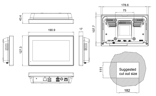 AFL3 PoE 7 inch panel PC dimension